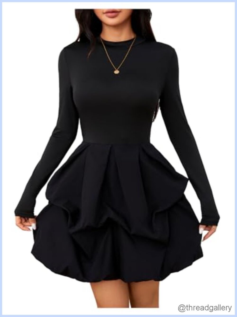 Long Sleeve Mock Neck A Line Ruffle Hem Mini Dress